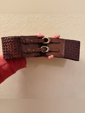 Y2K Brown Woven & Leather waist belt S
